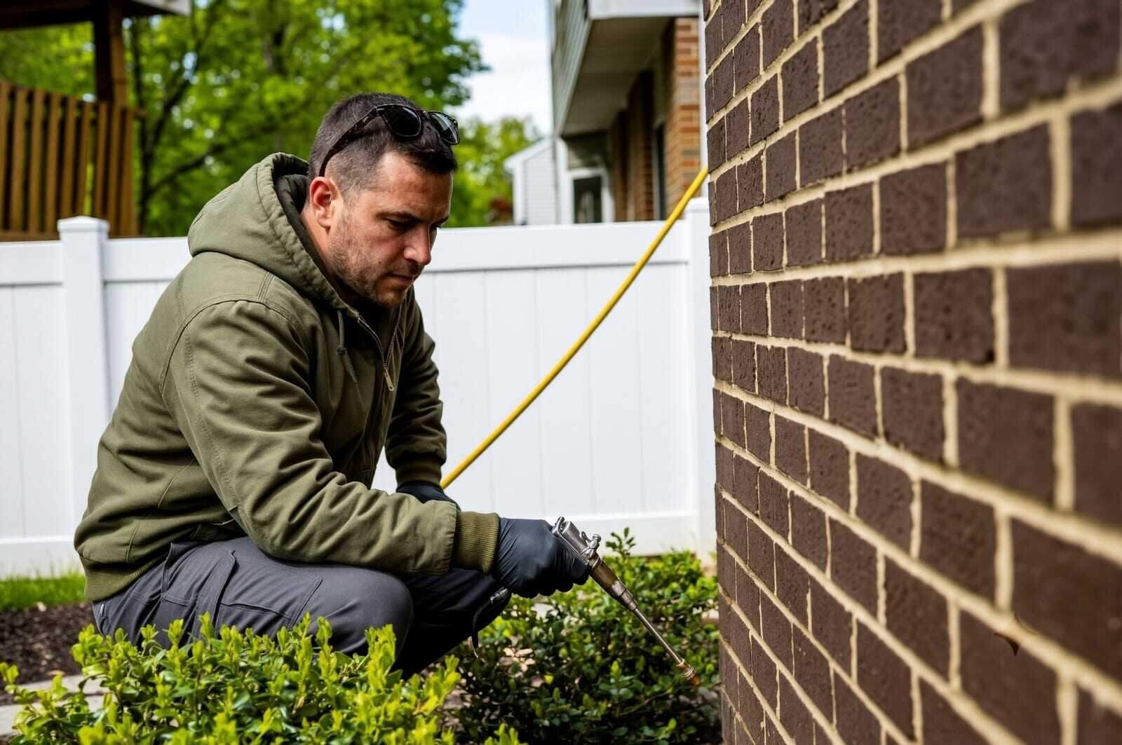 Ant treatment along the shrub beds of a brick house