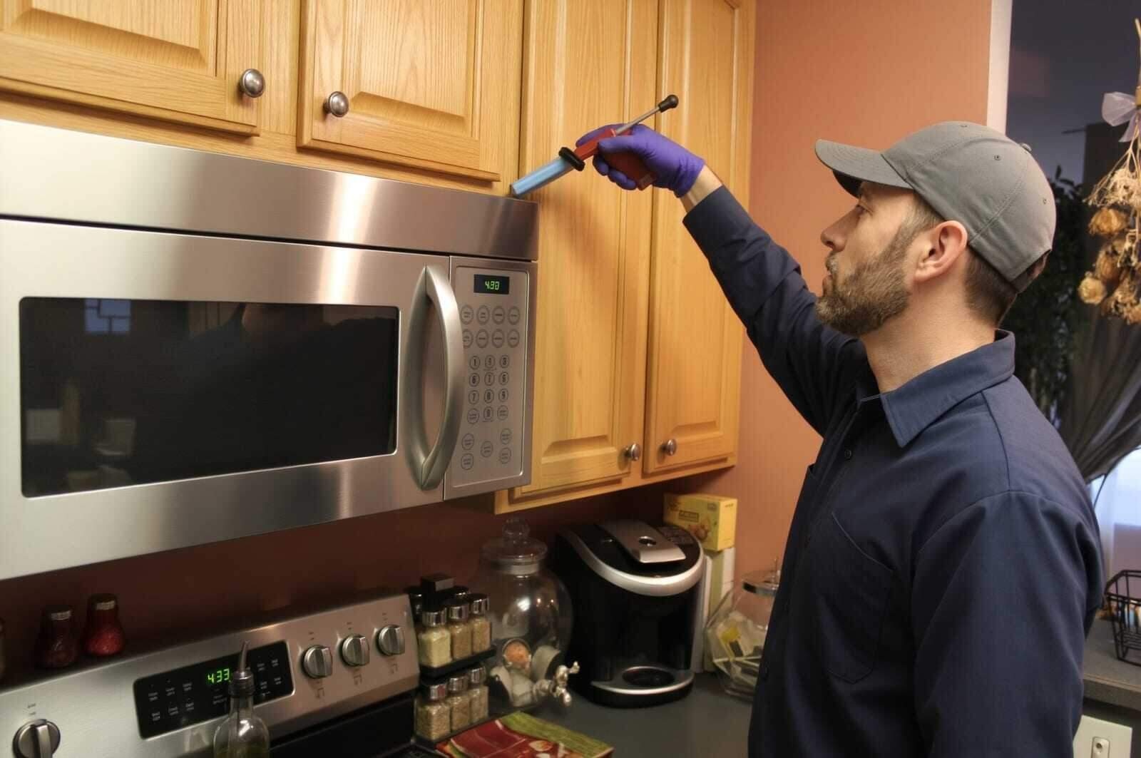 A technician applying gel bait along a kitchen cabinet above the microwave
