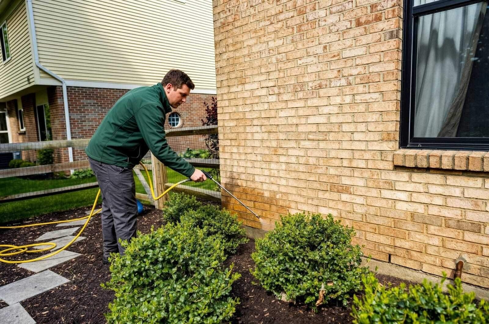 A technician treating the shrub beds along the red brick wall of a house