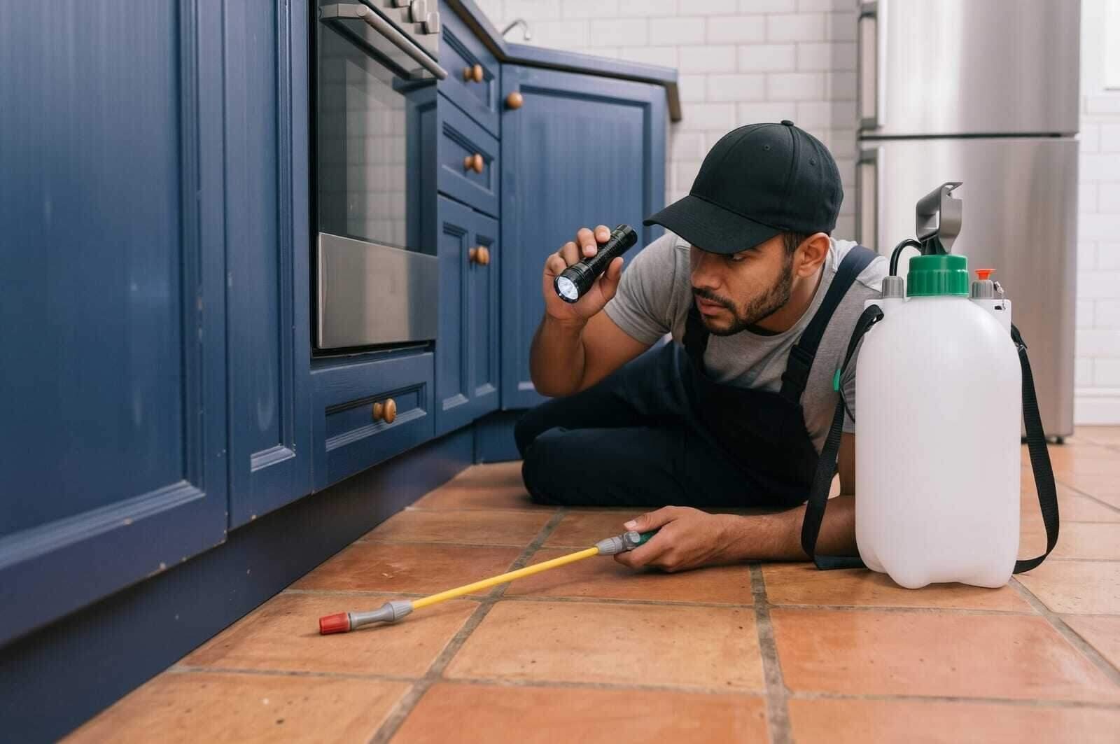 A technician checking under the kitchen cabinets with a flashlight