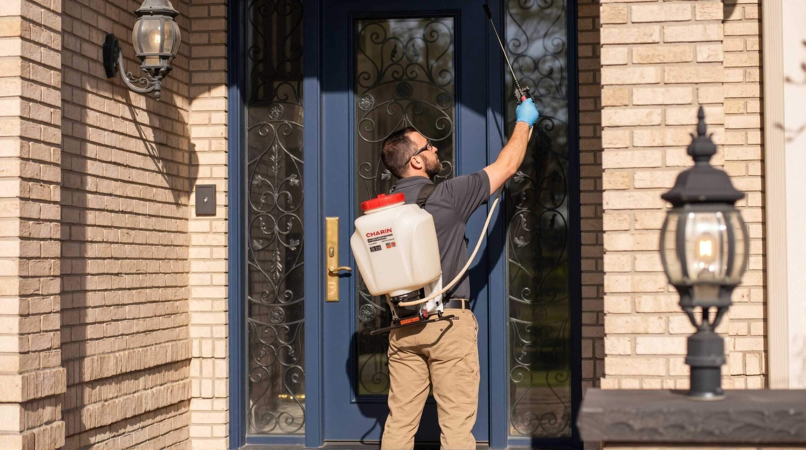 A technician with a backpack sprayer treating the front door frame of a brick house