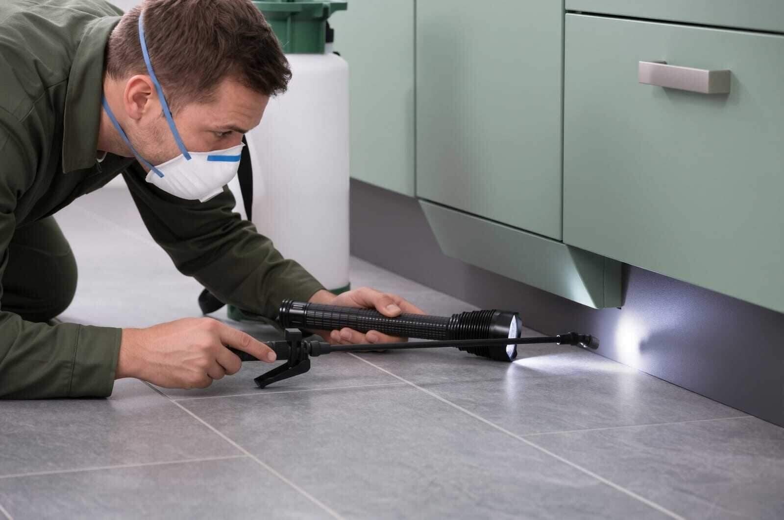 A pest inspection along the base of the kitchen cabinets