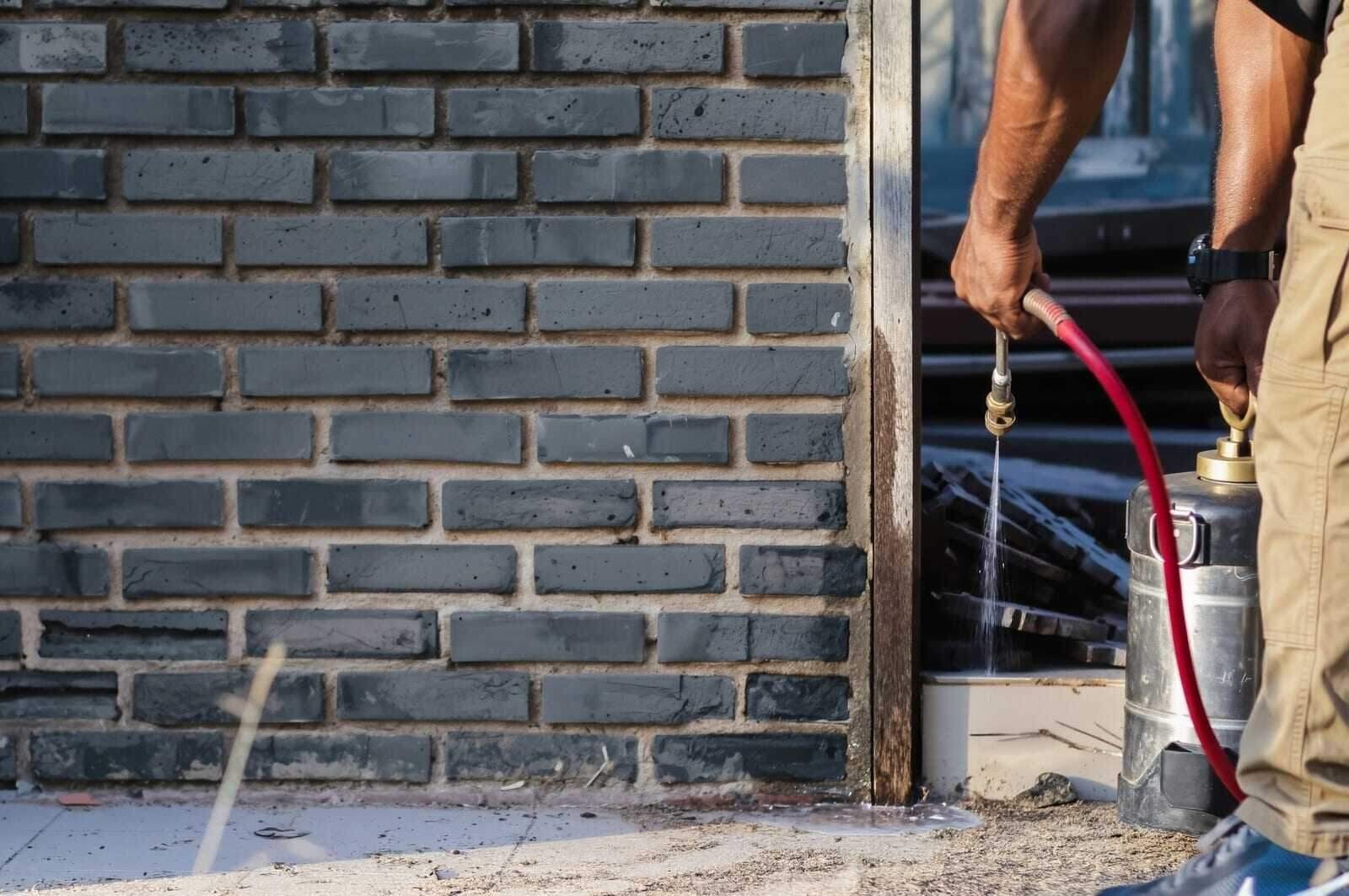 A targeted spray at the base of a brick wall