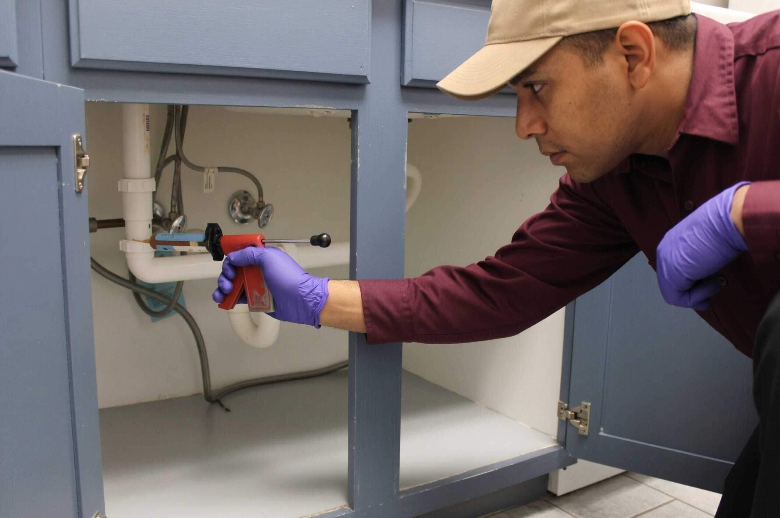 A technician applying gel bait inside the cabinet under a kitchen sink