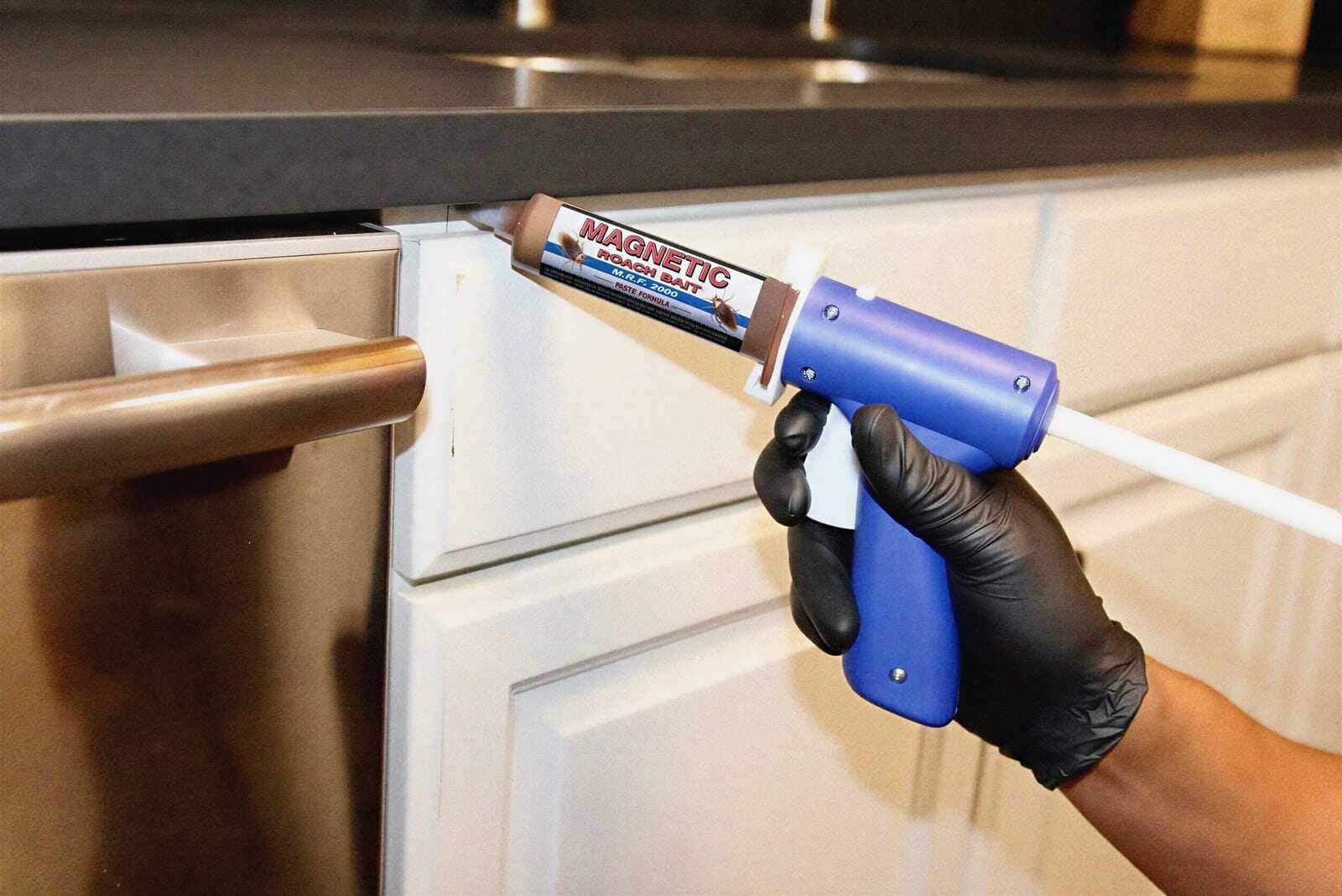 Gel bait placed in the gap beside a kitchen cabinet