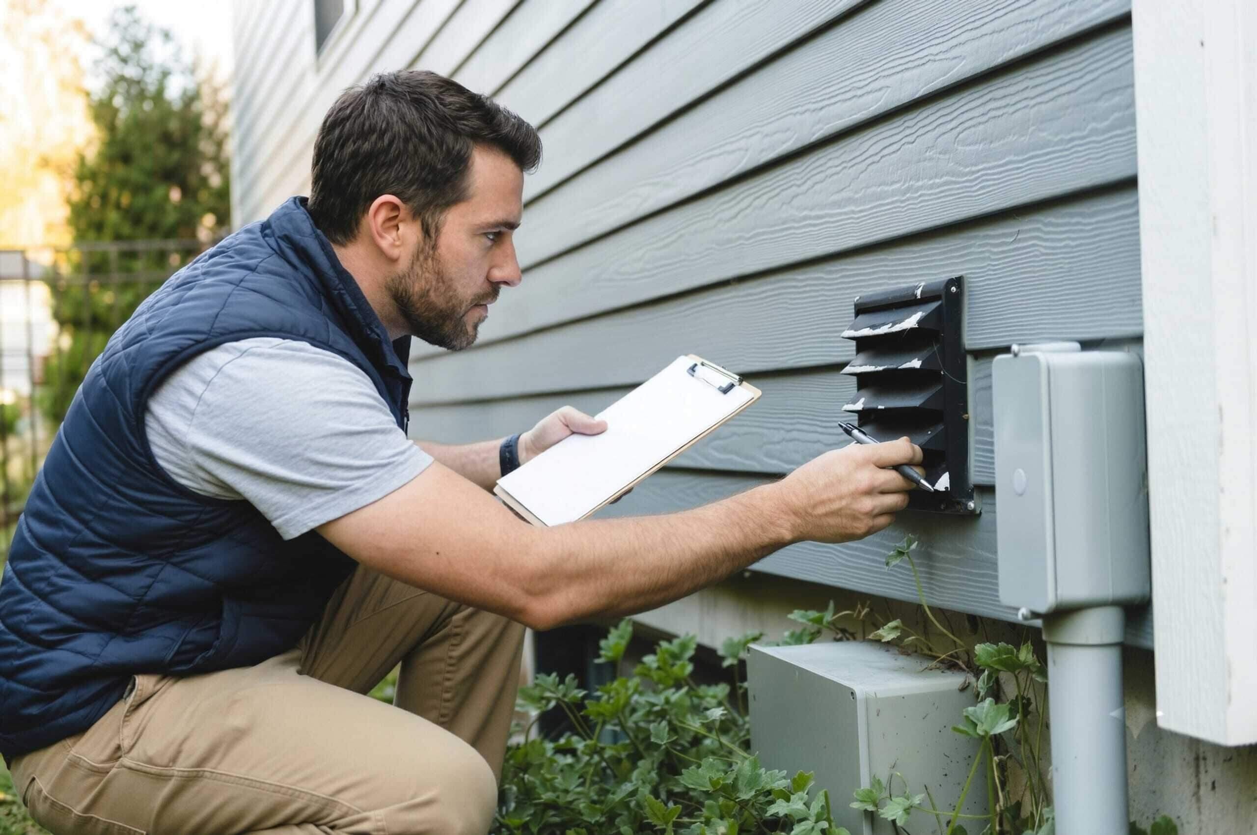 A pest inspection: checking a vent on the side of a house, clipboard in hand