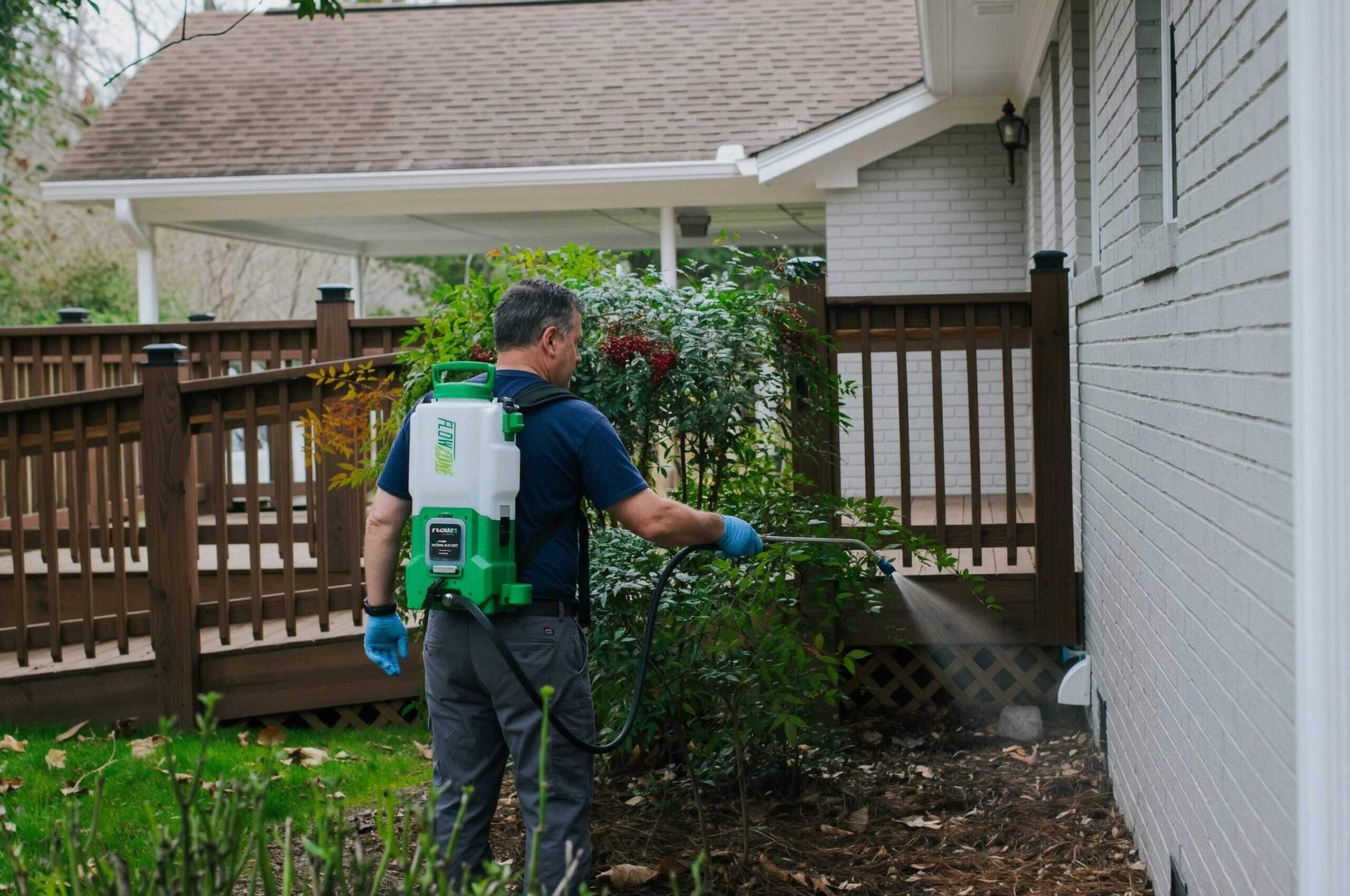 Organic pest control: a technician treating a garden bed next to a house