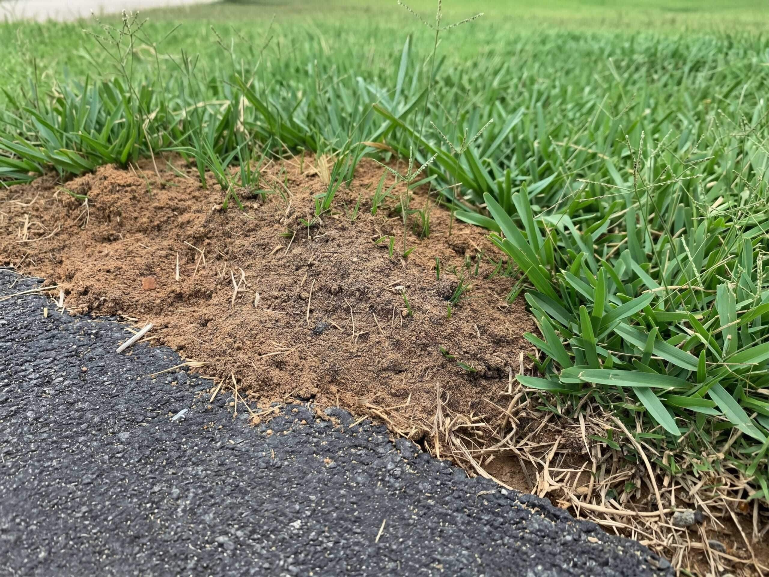 A fire ant mound in a yard, where the grass meets the sidewalk