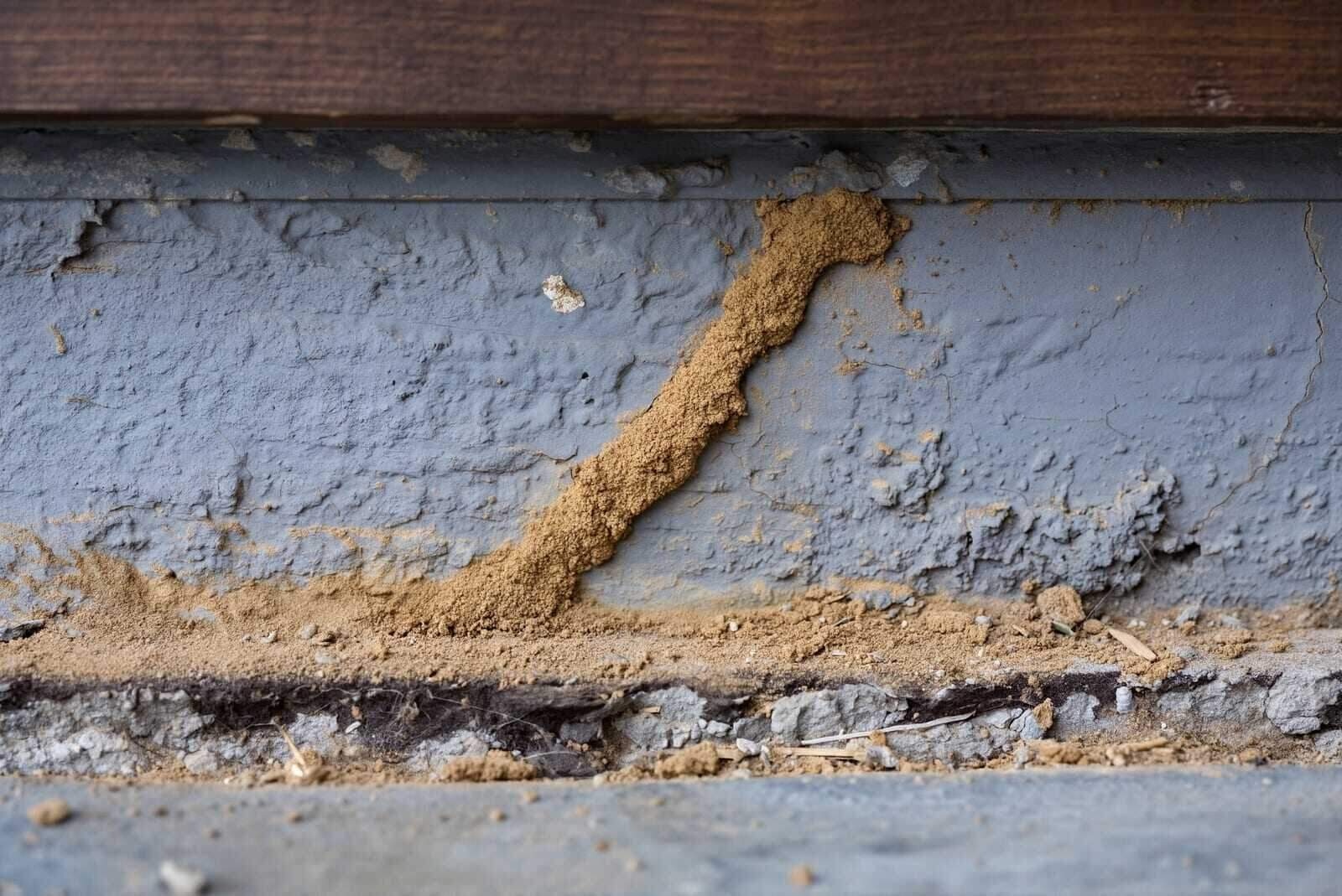 A termite mud tube running across a foundation wall