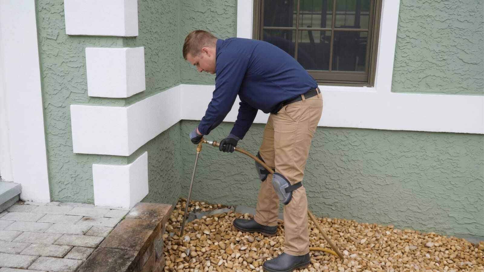 A technician rodding liquid termite treatment into the gravel bed along a house foundation